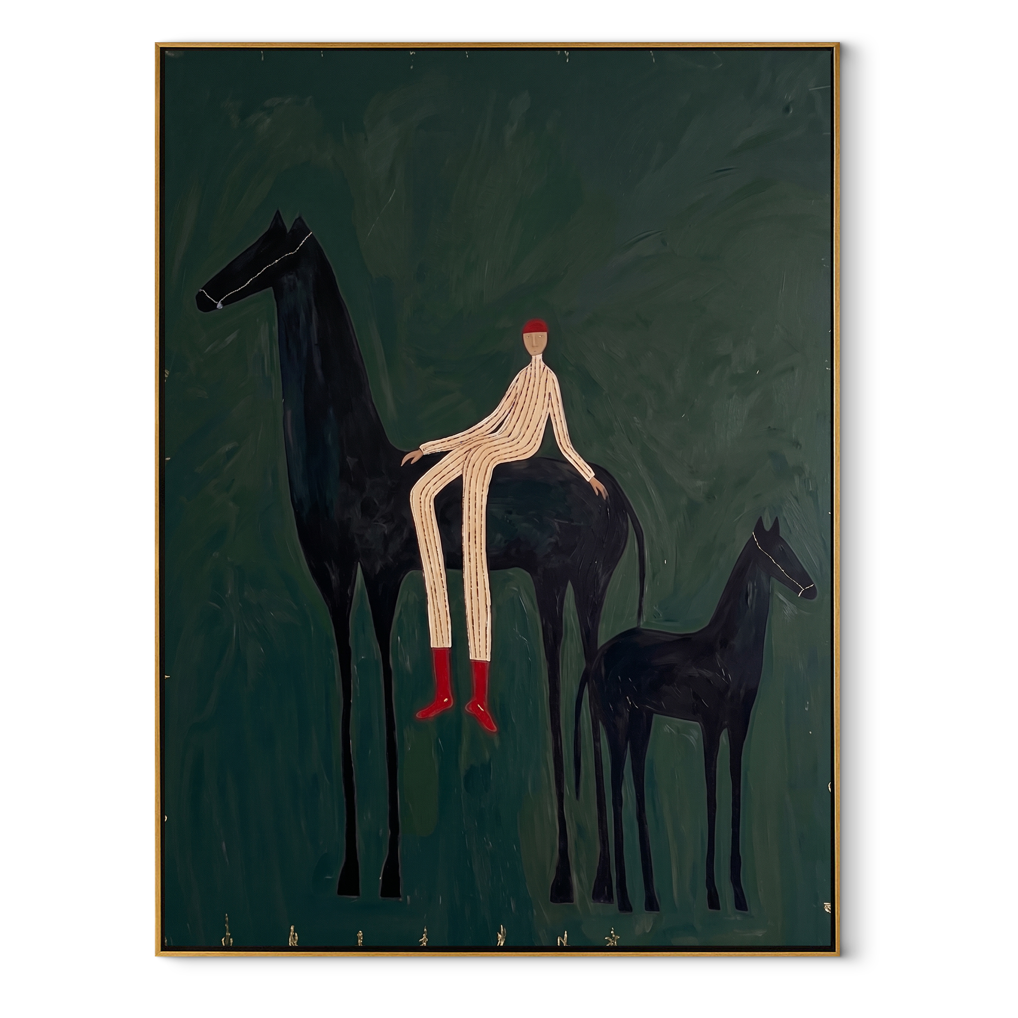 Young Horse Follows Quiet equestrian horse painting, vertical canvas artwork