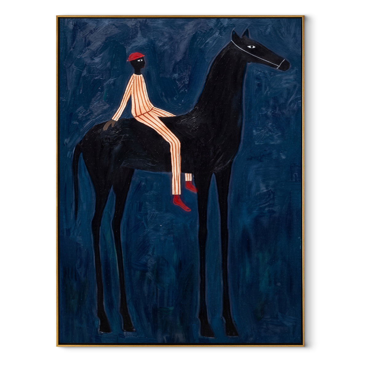 Red Hat Crosses Cobalt equestrian horse painting, vertical canvas artwork