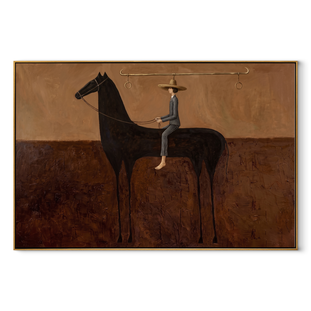 Long Reins Hold Earth equestrian horse painting, horizontal canvas artwork