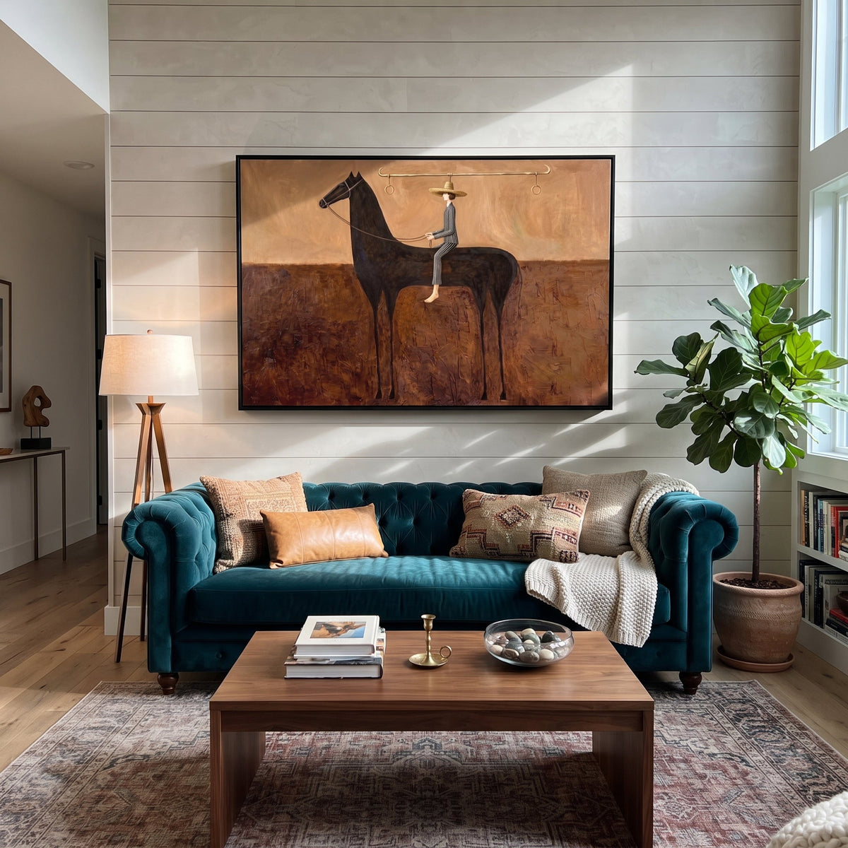 Long Reins Hold Earth displayed in a layered residential setting