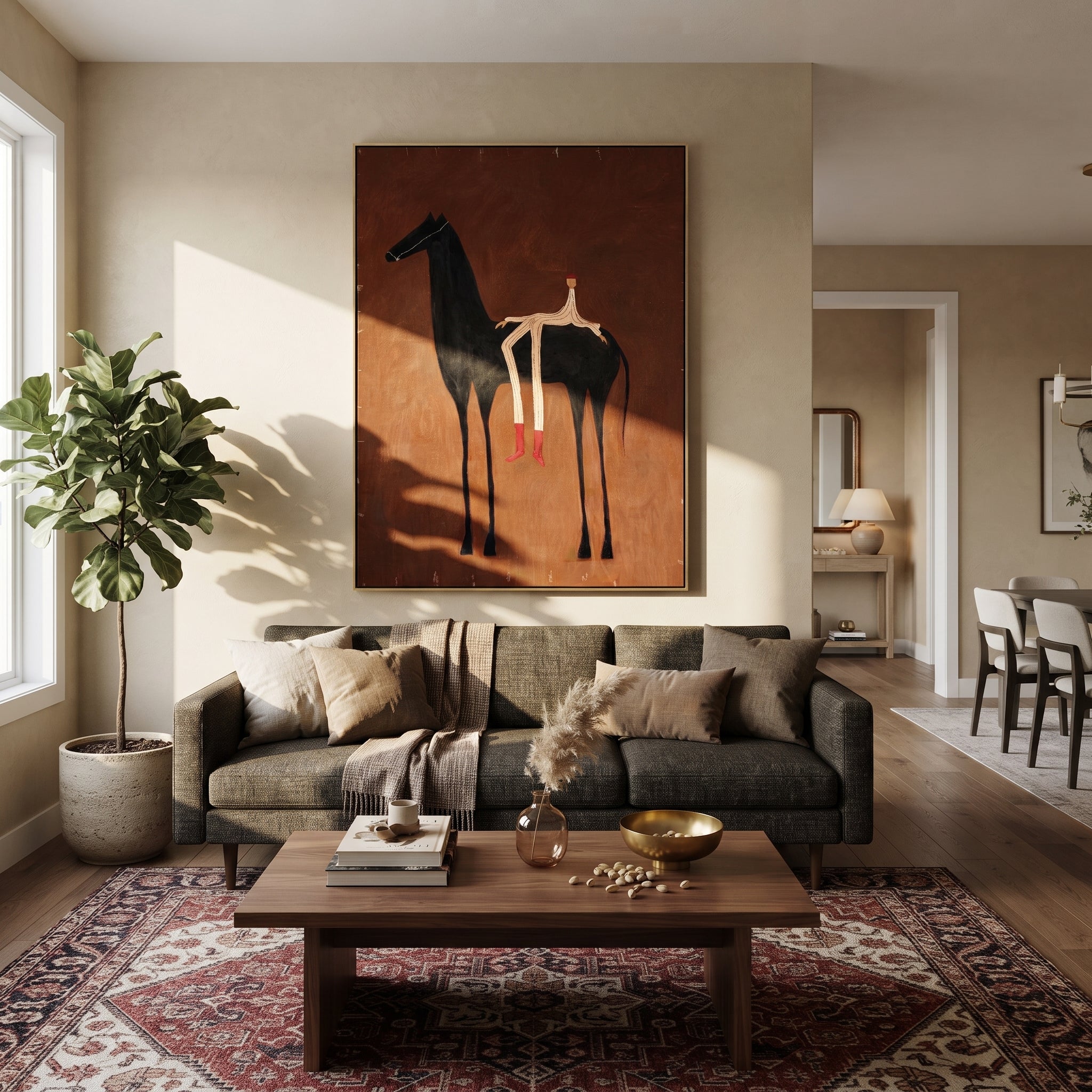 Ember Horse Bears Stripes styled with warm modern furnishings
