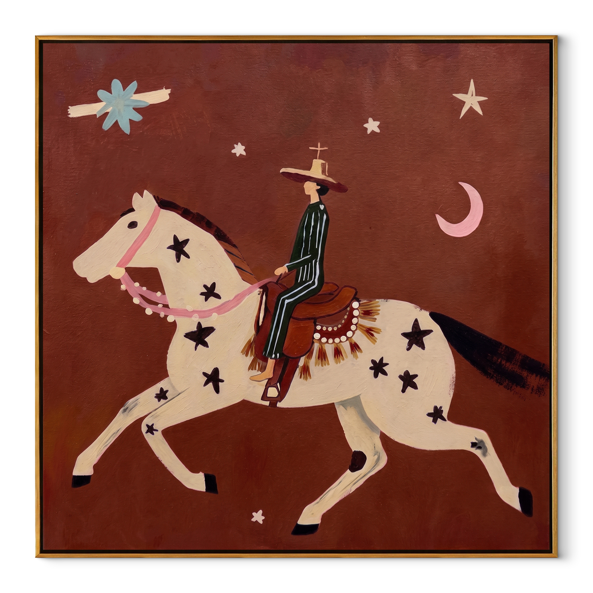 Star Horse Chases Crescent equestrian horse painting, square canvas artwork