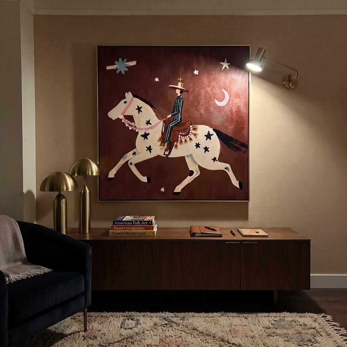 Star Horse Chases Crescent styled with wood, linen, and modern decor