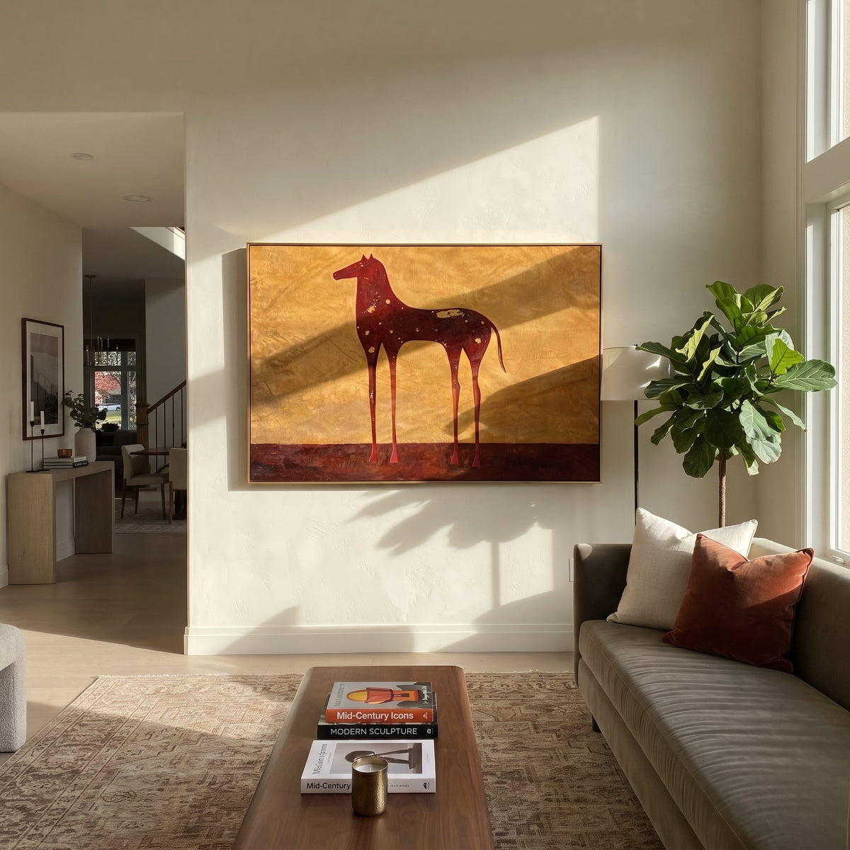 Constellations Rest on Burgundy styled with wood, linen, and modern decor