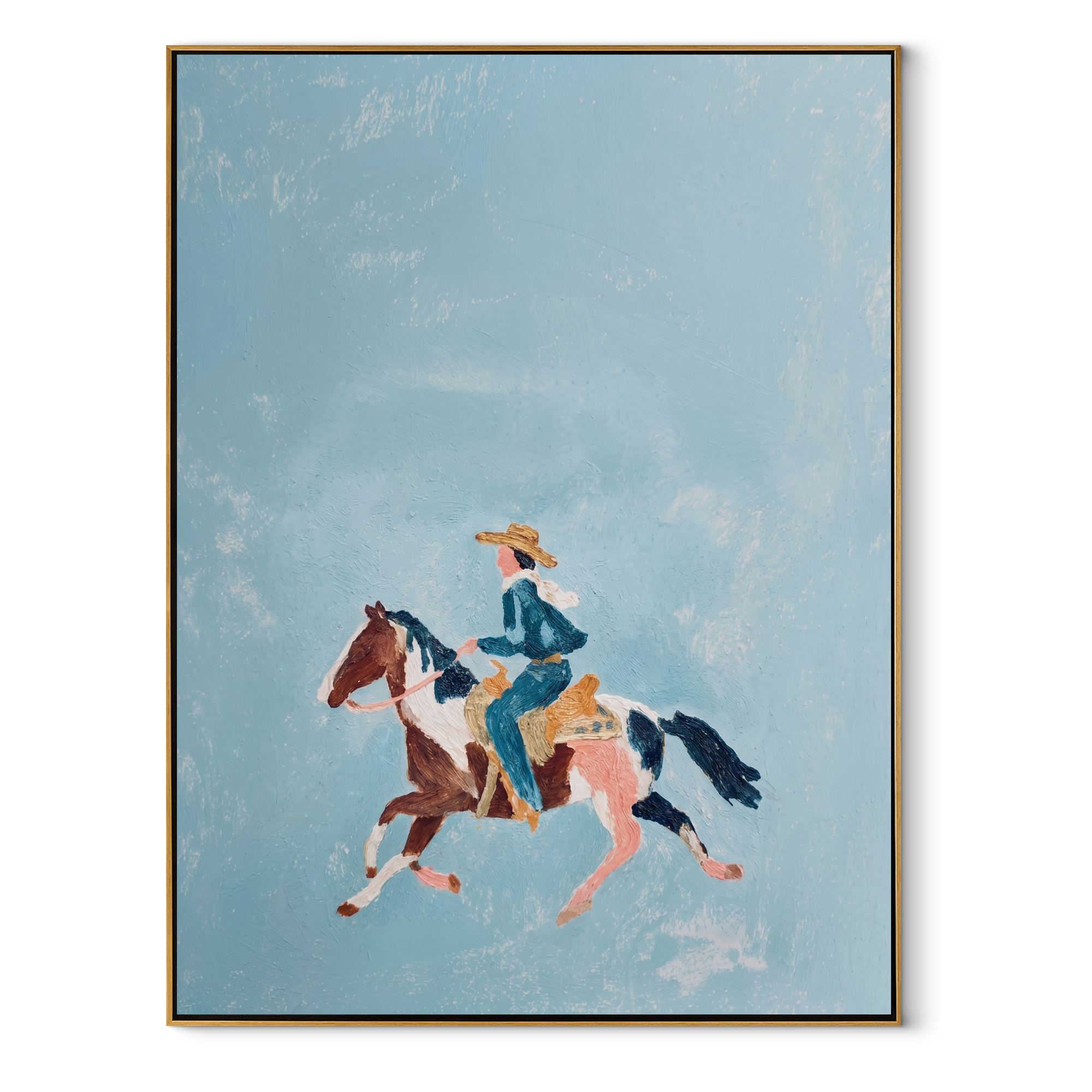Blue Sky Carries Gallop equestrian horse painting, vertical canvas artwork