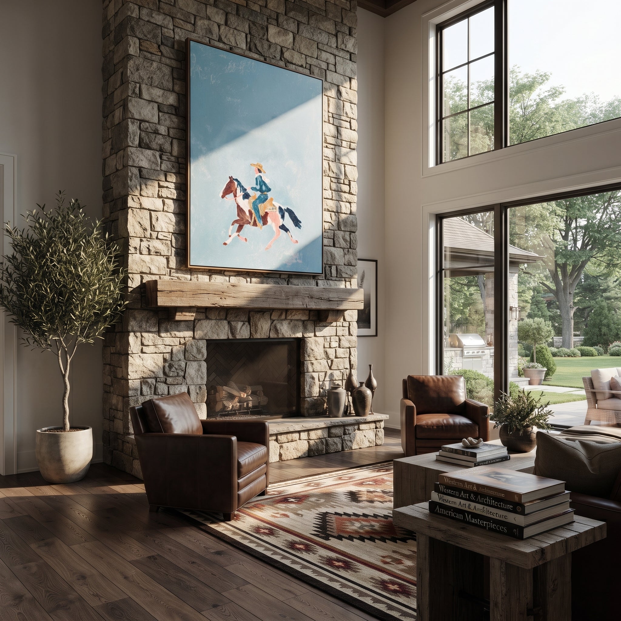 Blue Sky Carries Gallop styled with wood, linen, and modern decor