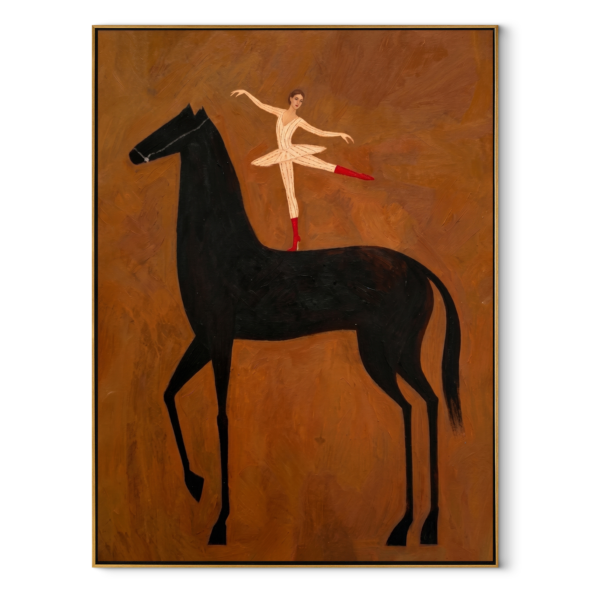 Dancer Opens Ochre Air equestrian horse painting, vertical canvas artwork