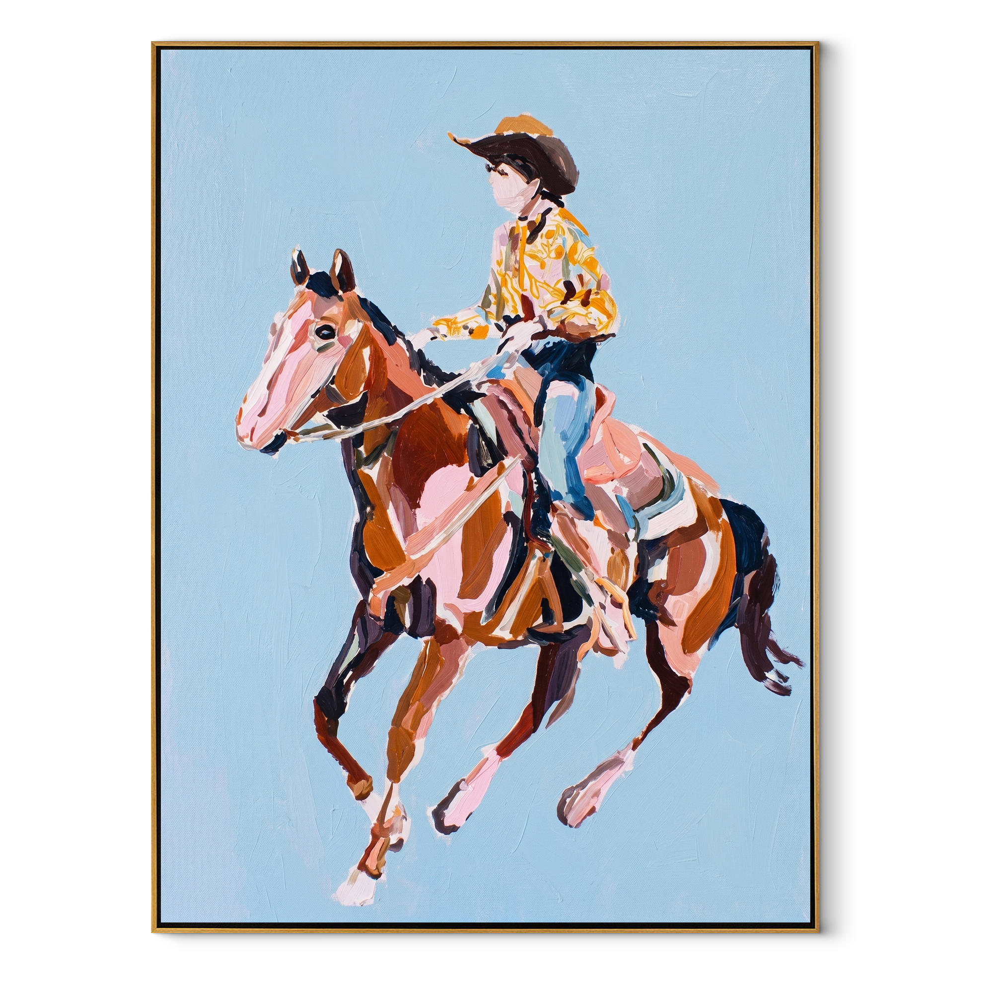 Floral Shirt Breaks Blue equestrian horse painting, vertical canvas artwork
