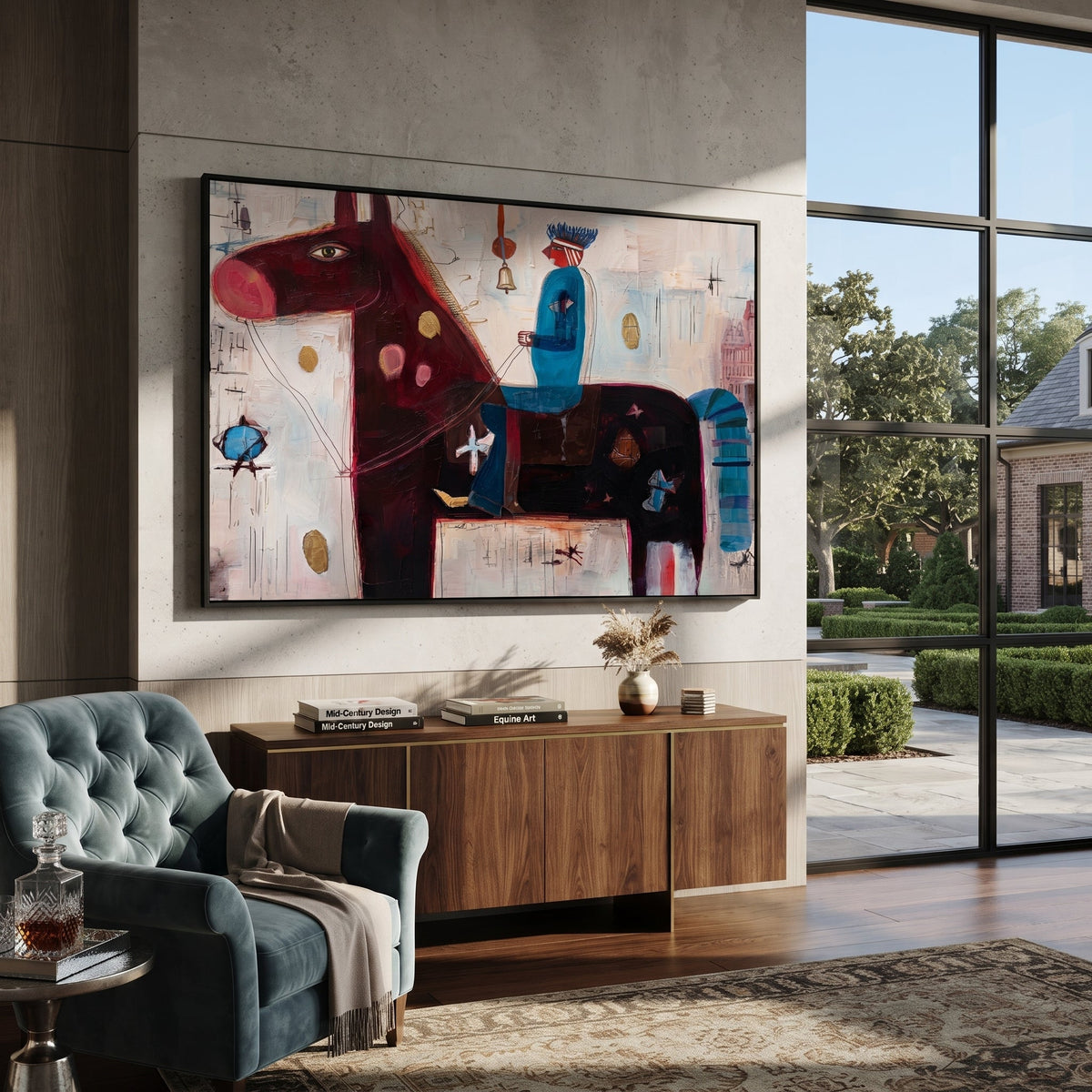 Blue Rider Guards Burgundy displayed in a collected contemporary interior