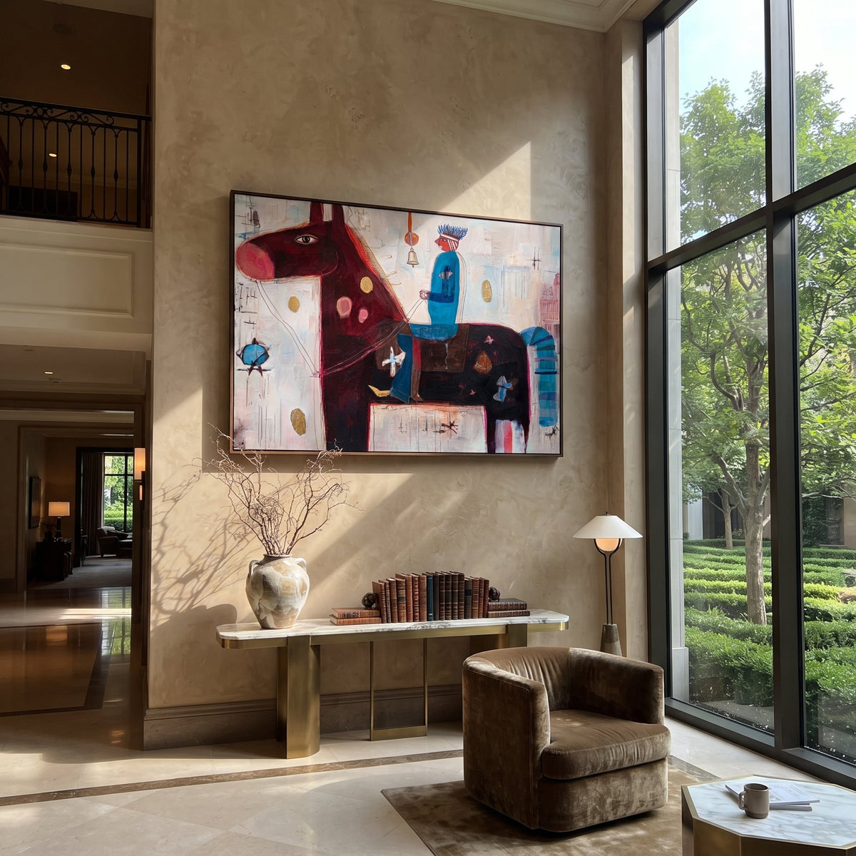 Blue Rider Guards Burgundy presented as a colorful interior focal point