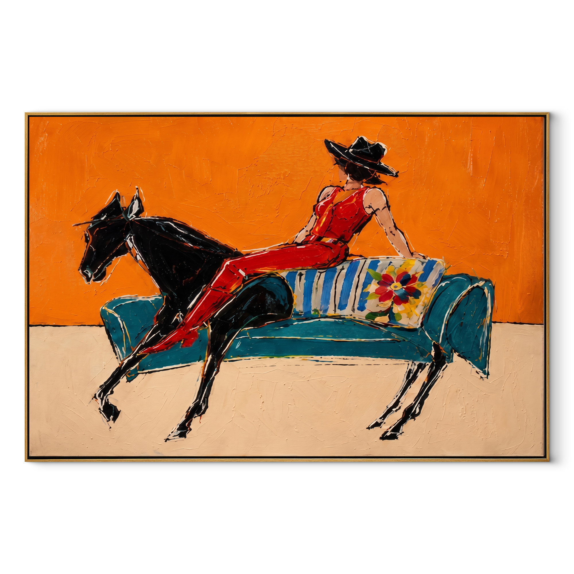Red Boots Chase Orange equestrian horse painting, horizontal canvas artwork