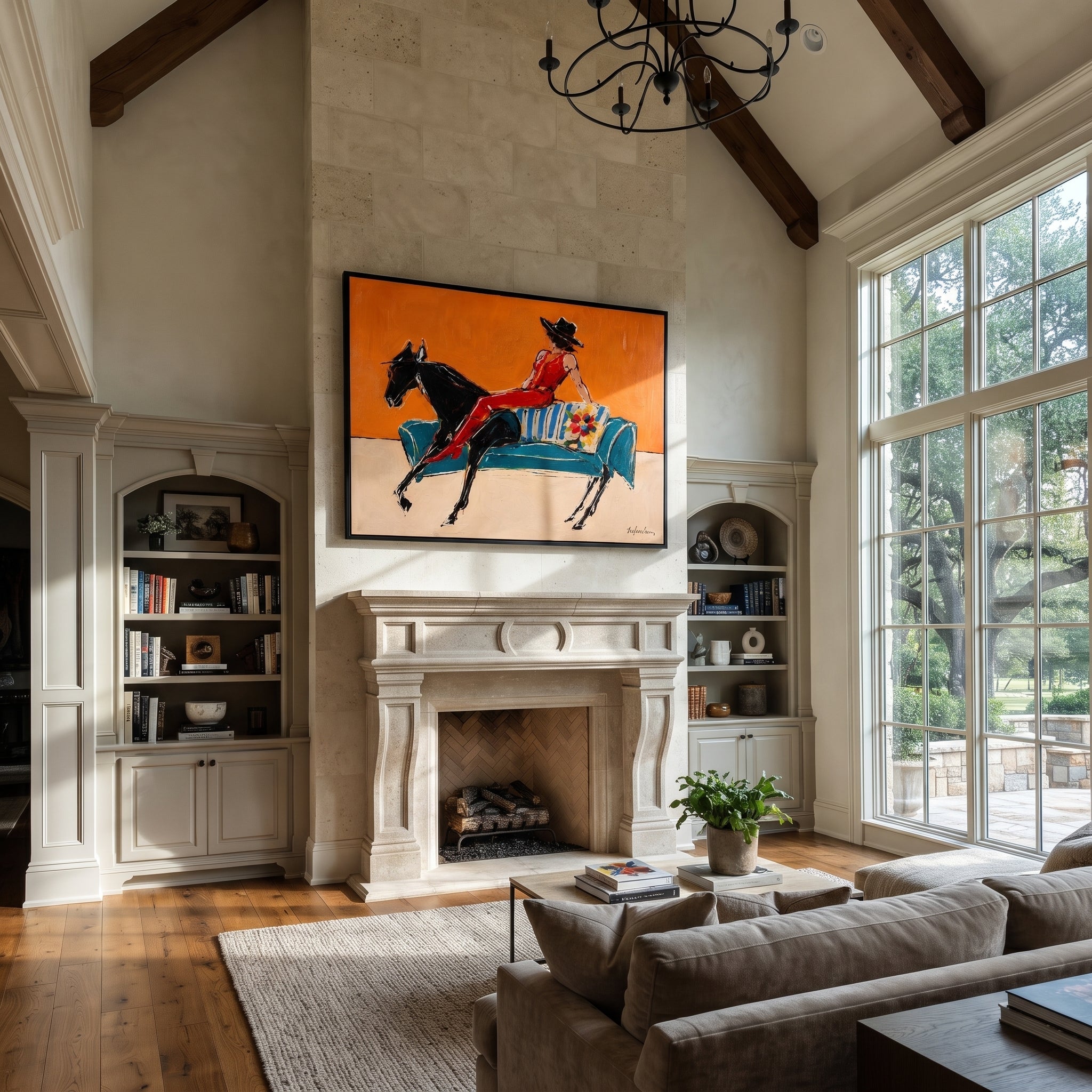 Red Boots Chase Orange styled with warm modern furnishings