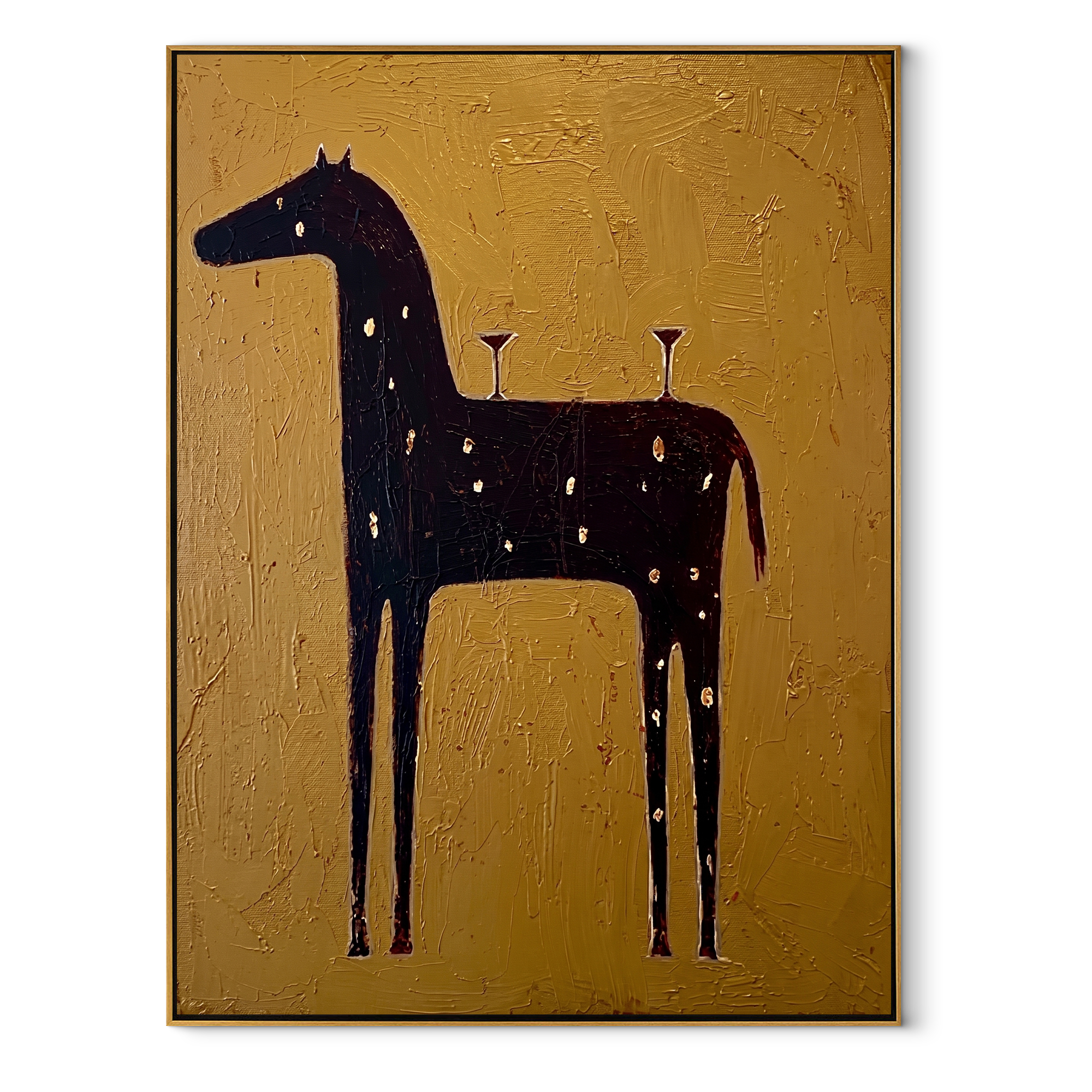 Three Glasses Wait Upright equestrian horse painting, vertical canvas artwork