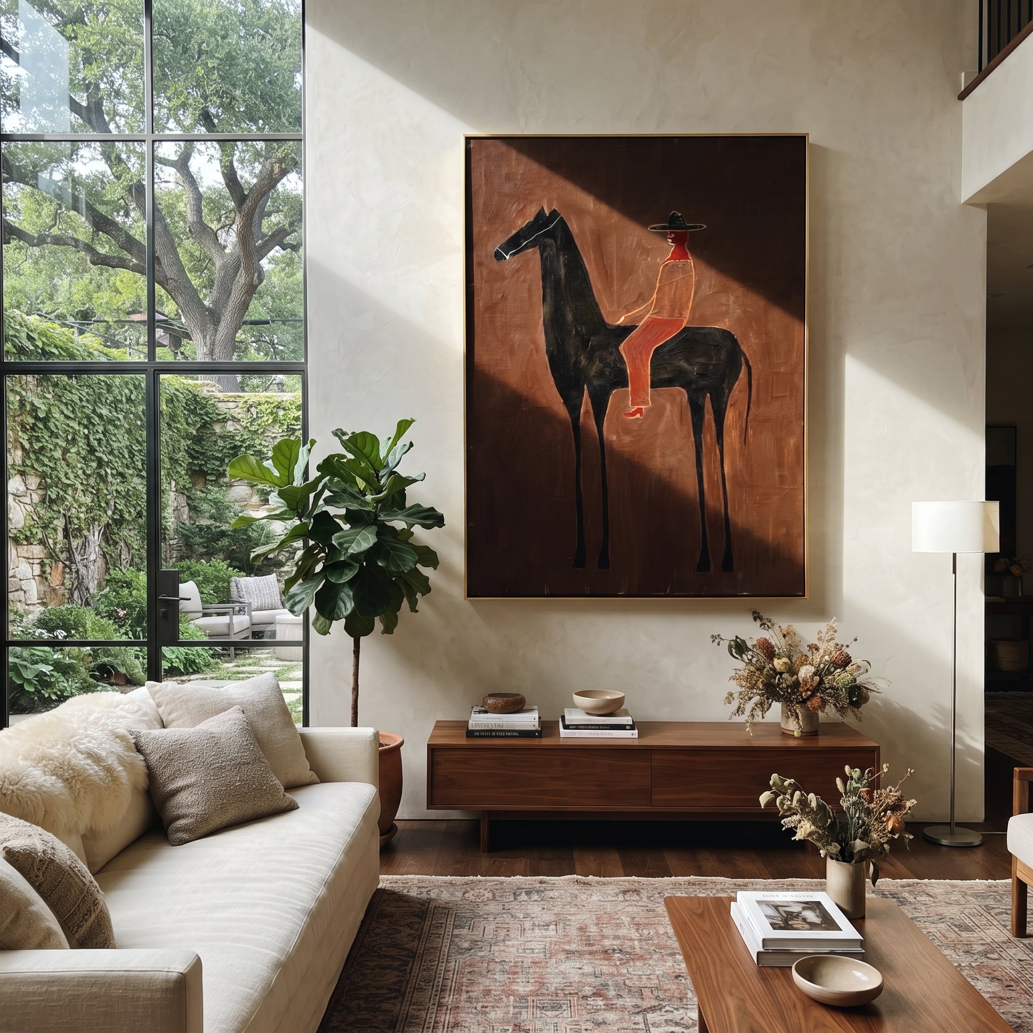 Scarlet Rider Crosses Umber displayed in a collected contemporary interior