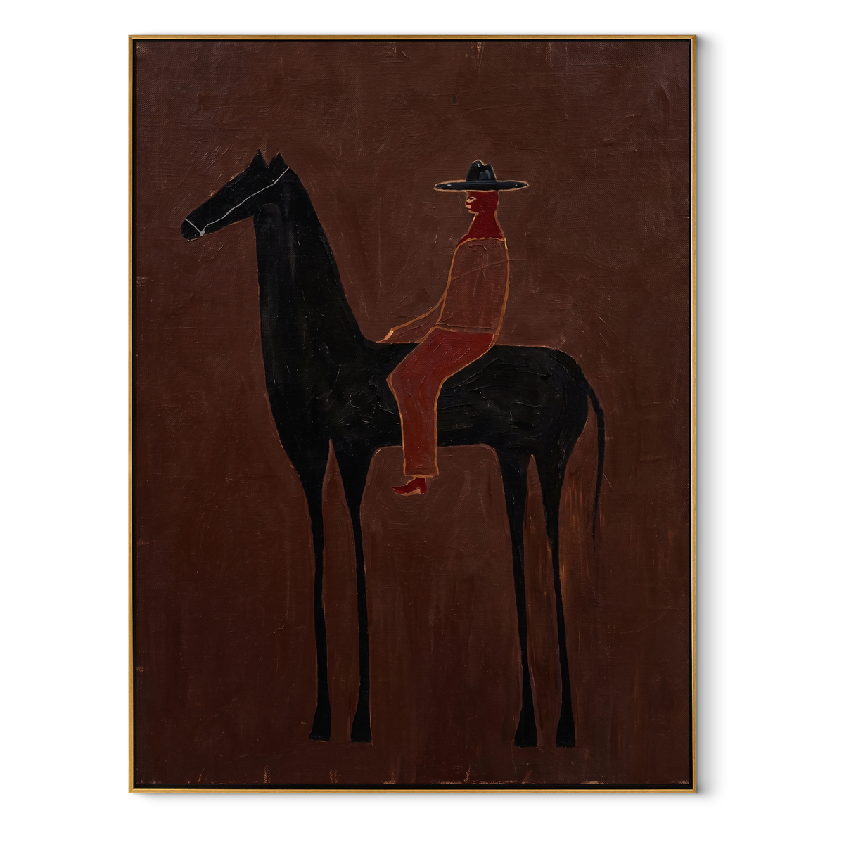 Scarlet Rider Crosses Umber equestrian horse painting, vertical canvas artwork