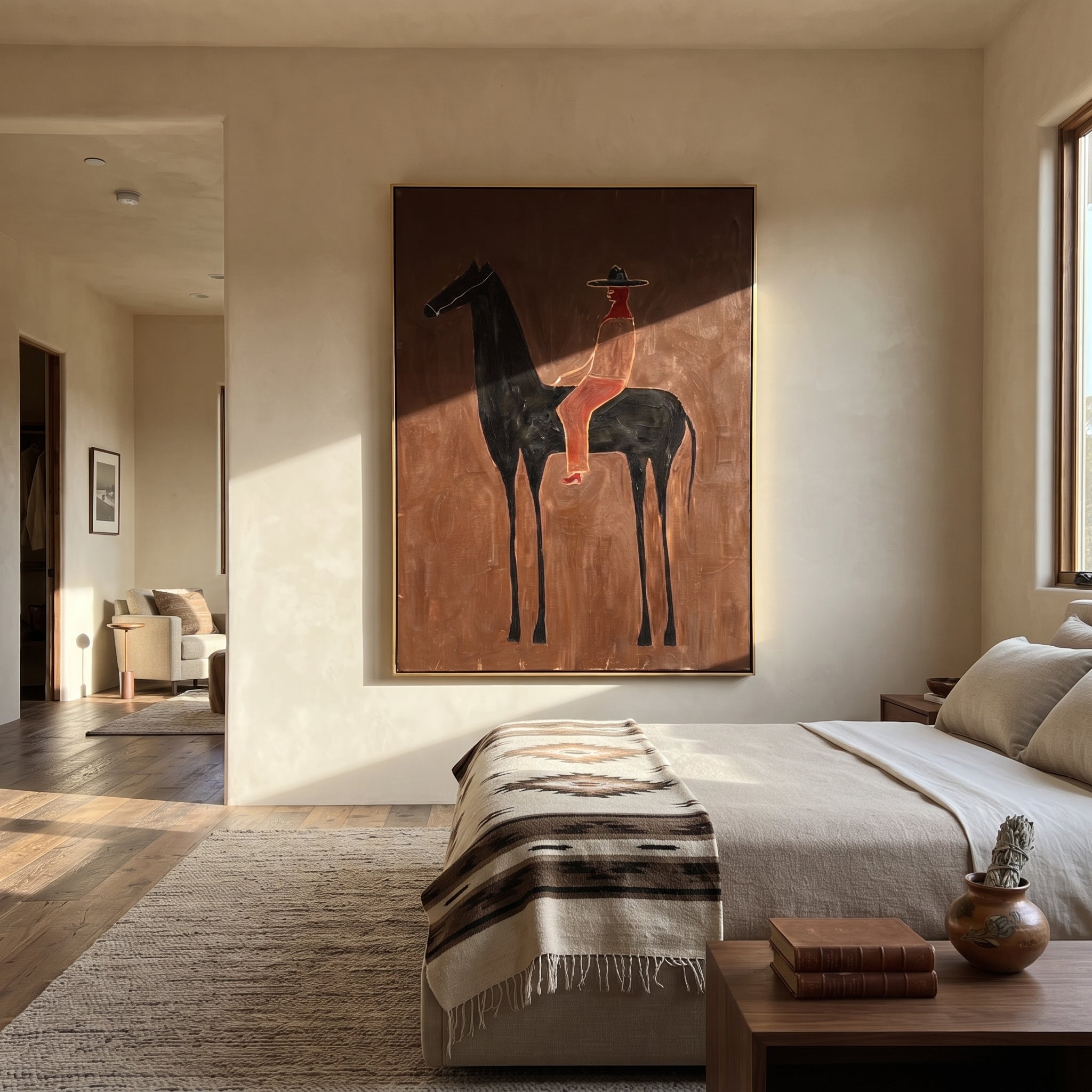 Scarlet Rider Crosses Umber styled with wood, linen, and modern decor