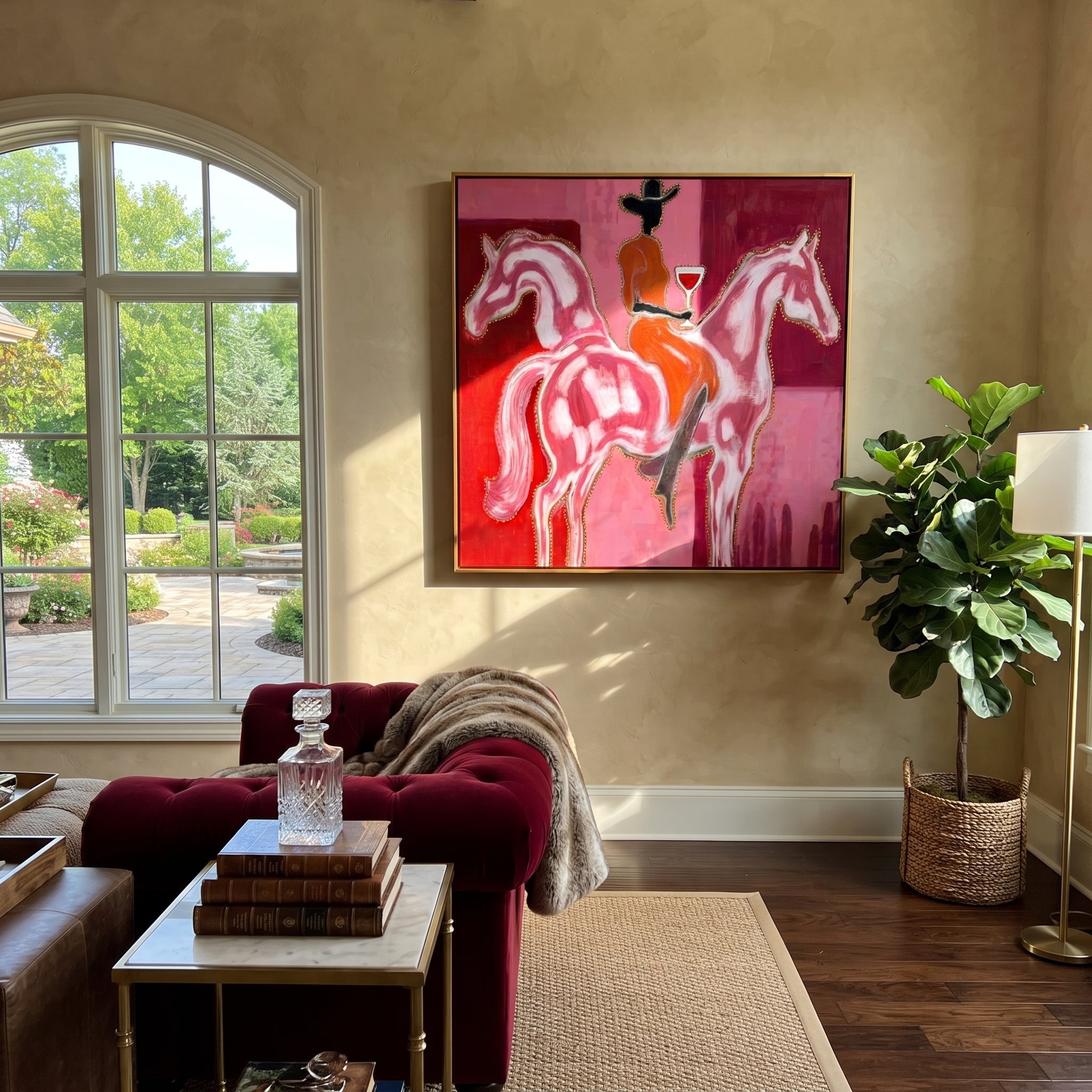 Twin Horses Raise Wine presented as a colorful interior focal point