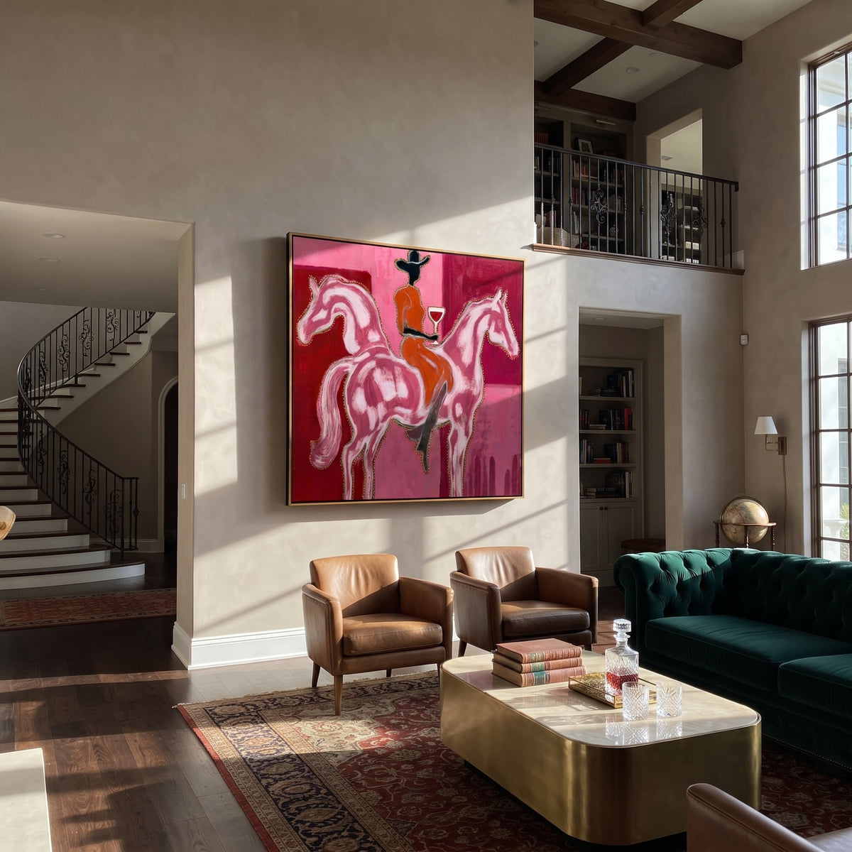 Twin Horses Raise Wine displayed in a layered residential setting