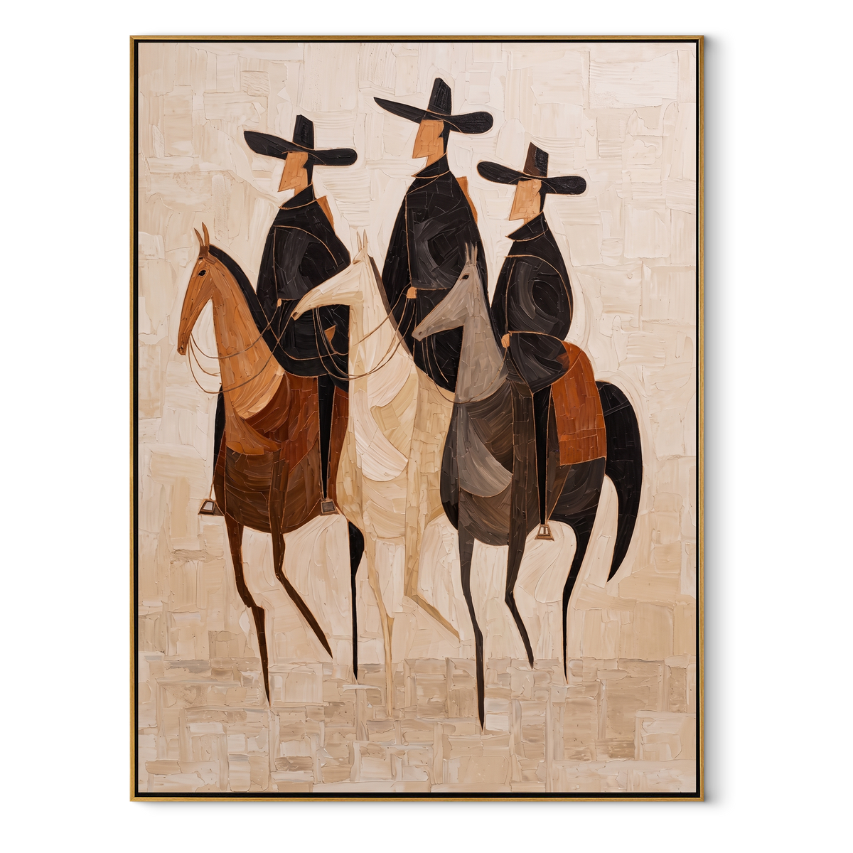 Three Hats Travel Together equestrian horse painting, vertical canvas artwork