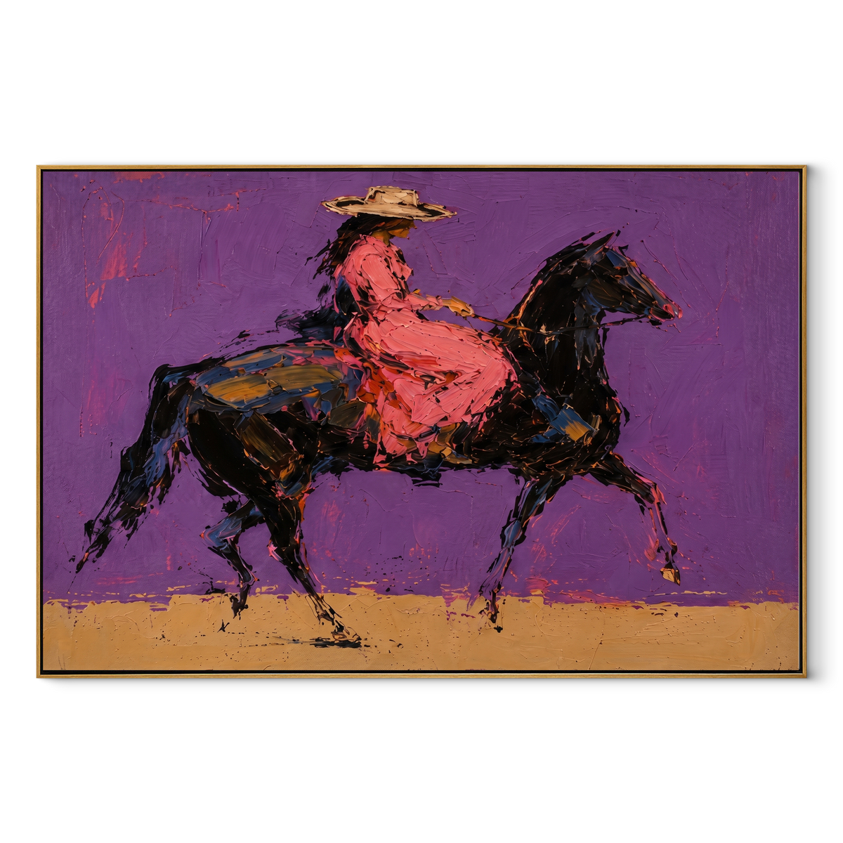 Violet Gallop Breaks Gold equestrian horse painting, horizontal canvas artwork