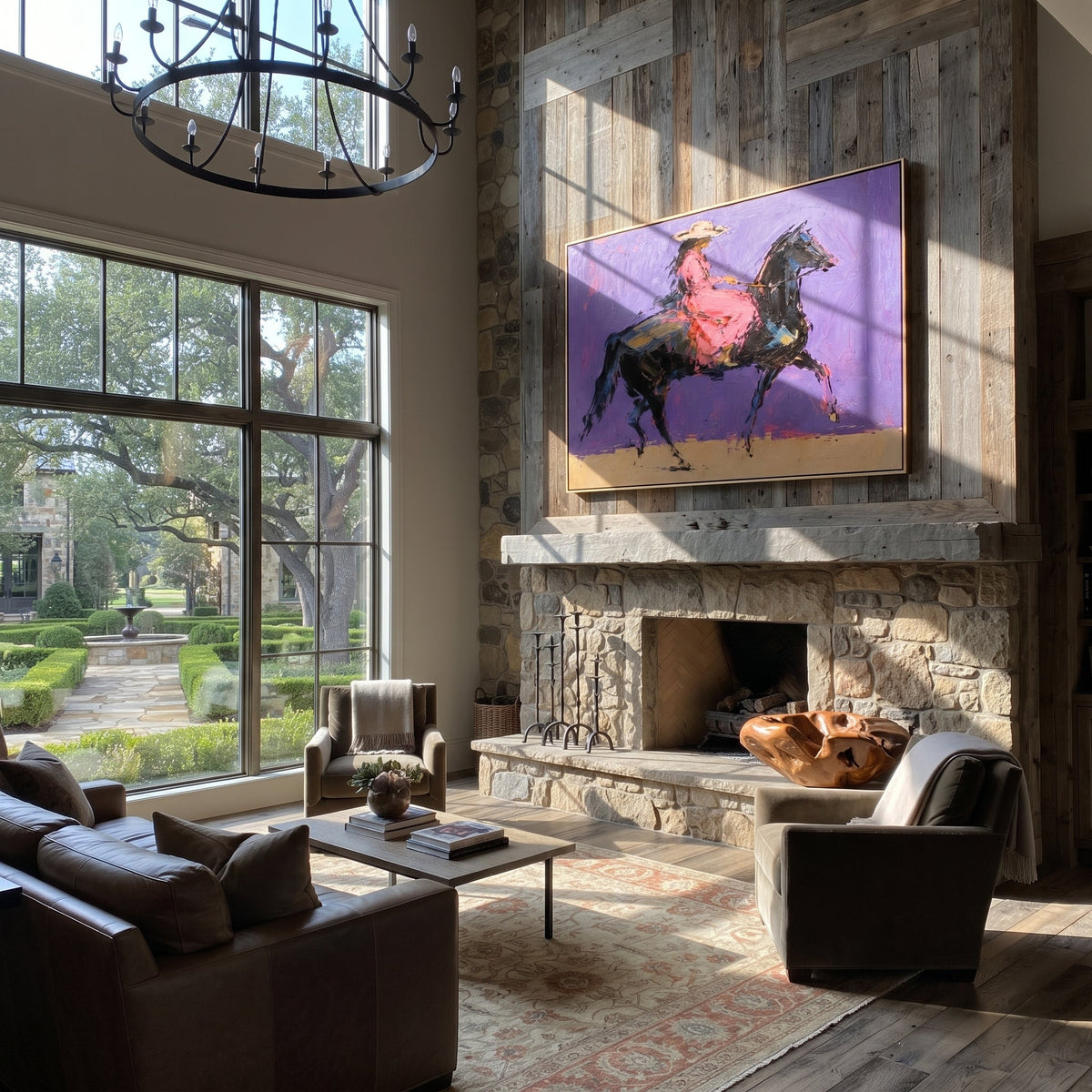 Violet Gallop Breaks Gold styled with wood, linen, and modern decor