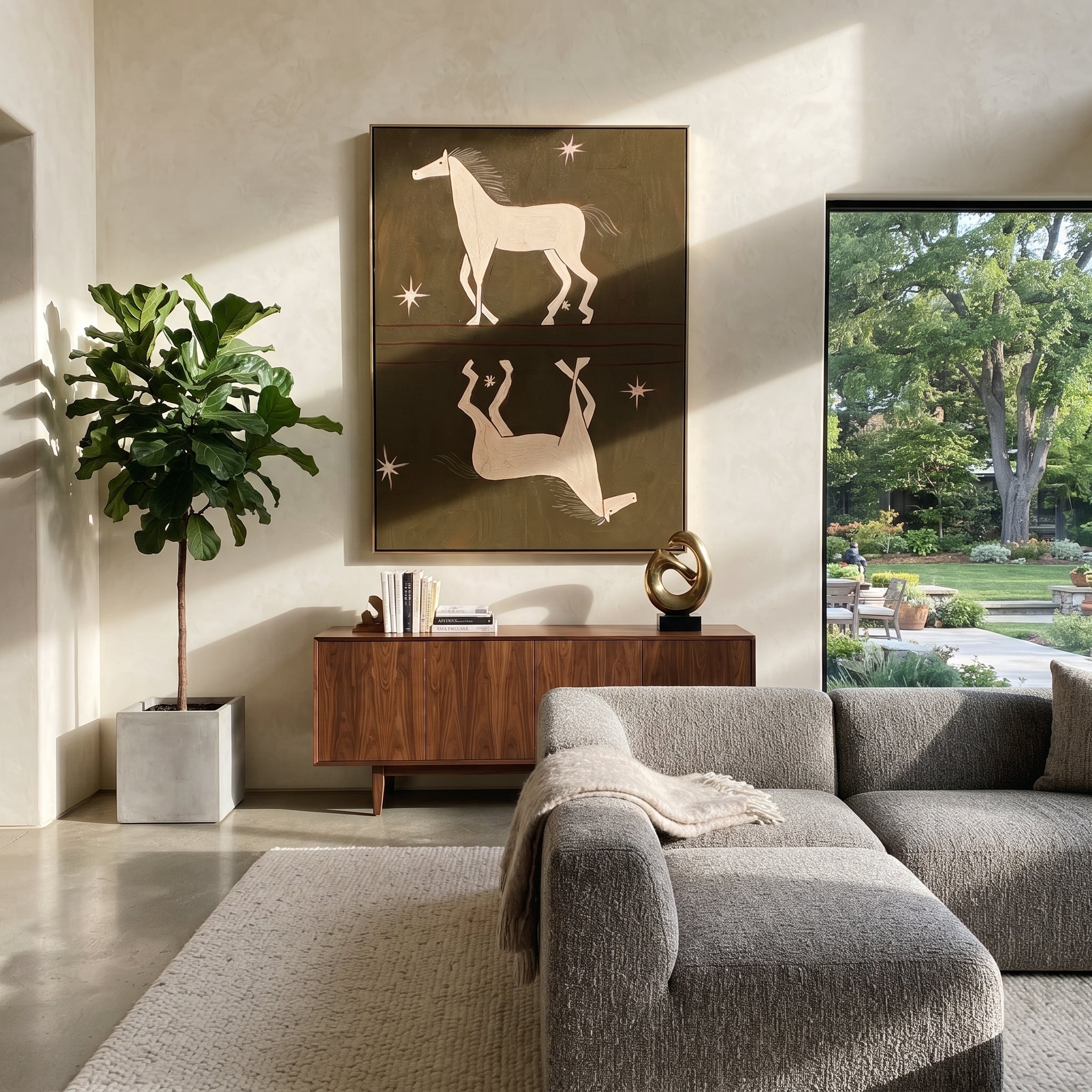 White Horses Mirror Stars styled with warm modern furnishings