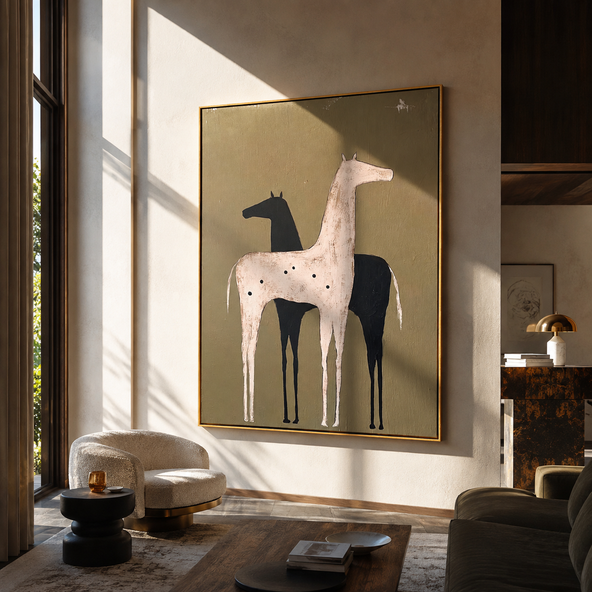 Pale Horse Shadows Midnight styled with wood, linen, and modern decor