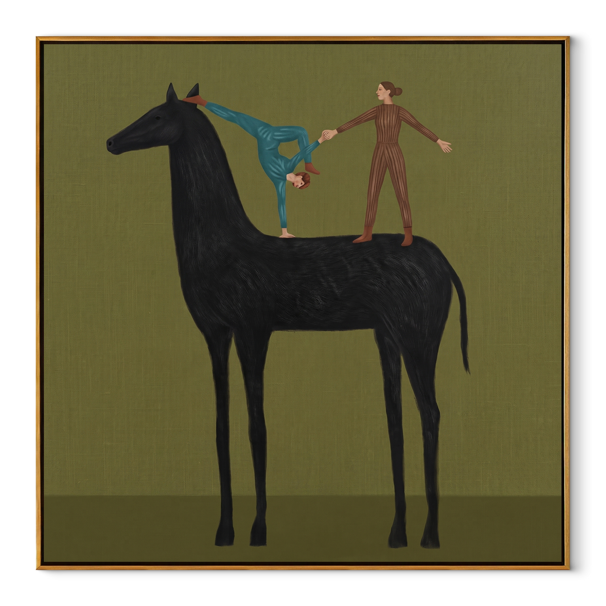 Two Acrobats Test Balance equestrian horse painting, square canvas artwork