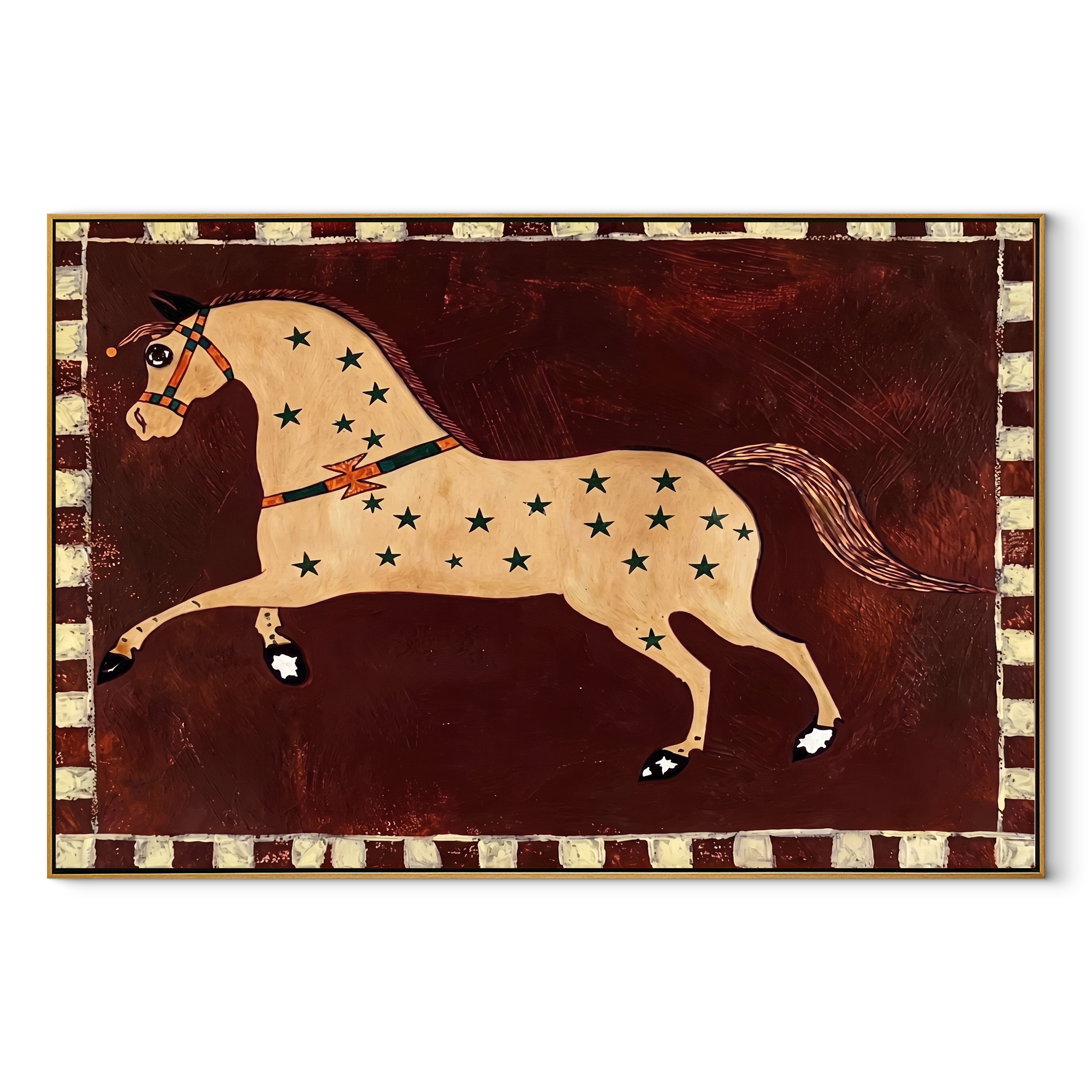Golden Horse Runs Starlight equestrian horse painting, horizontal canvas artwork