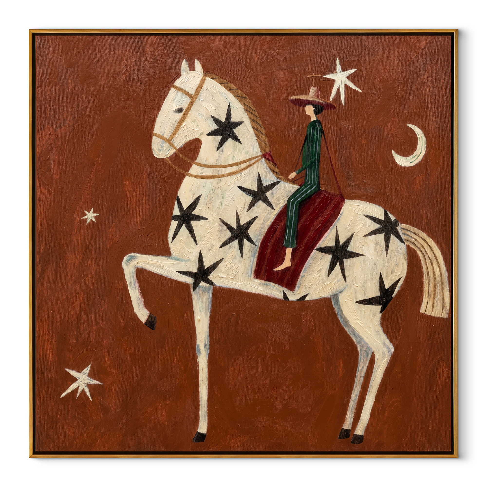 Black Stars Lift Ivory equestrian horse painting, square canvas artwork