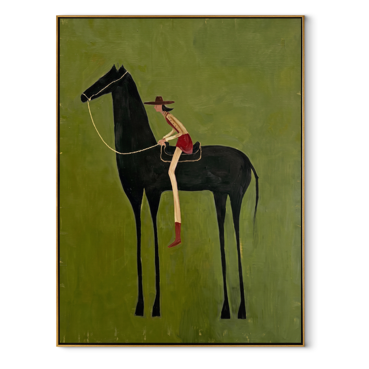 Long Reins Reach Green equestrian horse painting, vertical canvas artwork