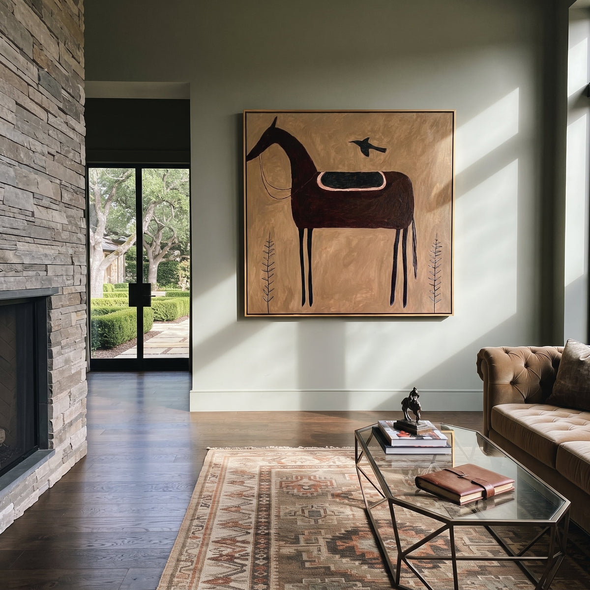 Bird Guards Empty Saddle styled with wood, linen, and modern decor