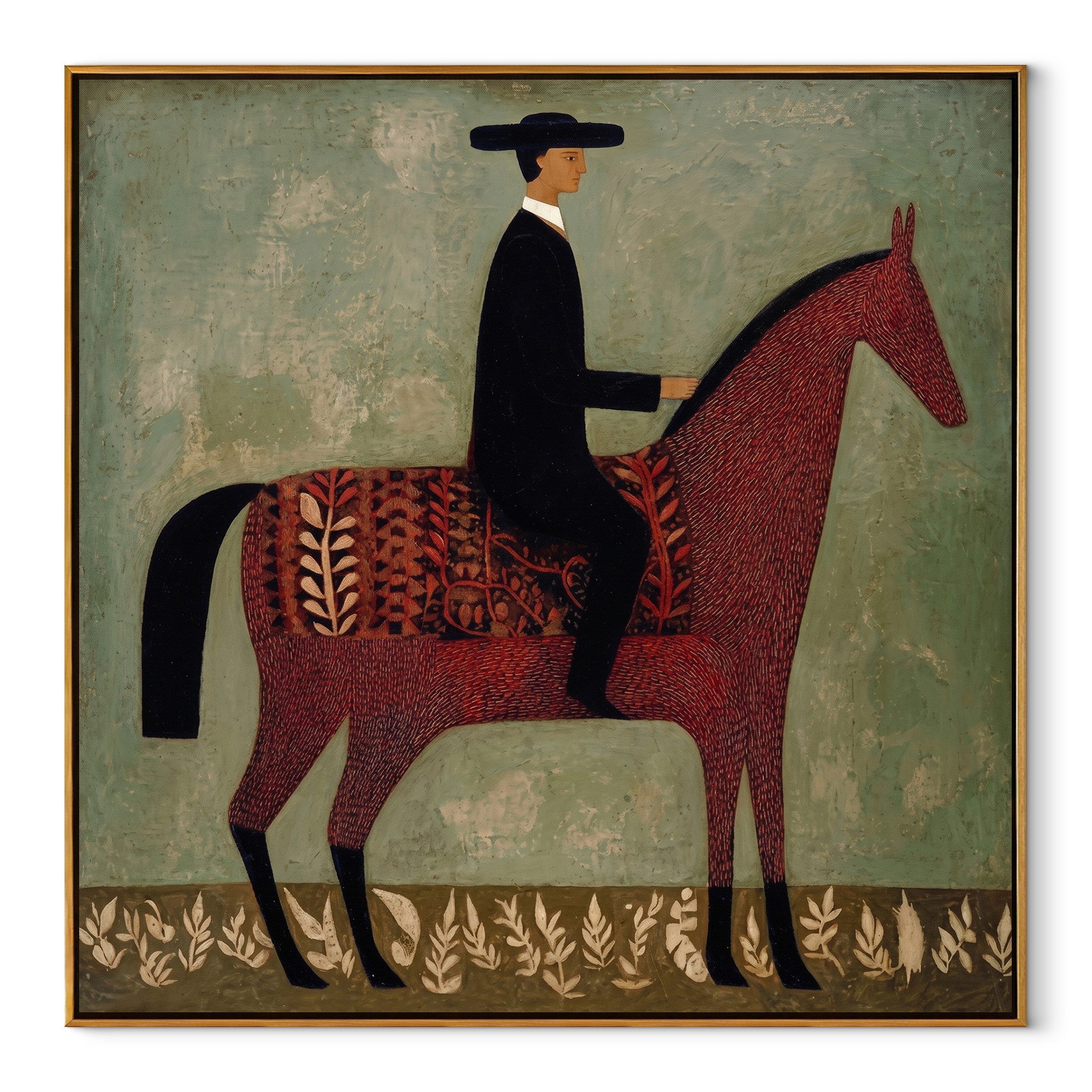 Patterned Saddle Meets Sage equestrian horse painting, square canvas artwork