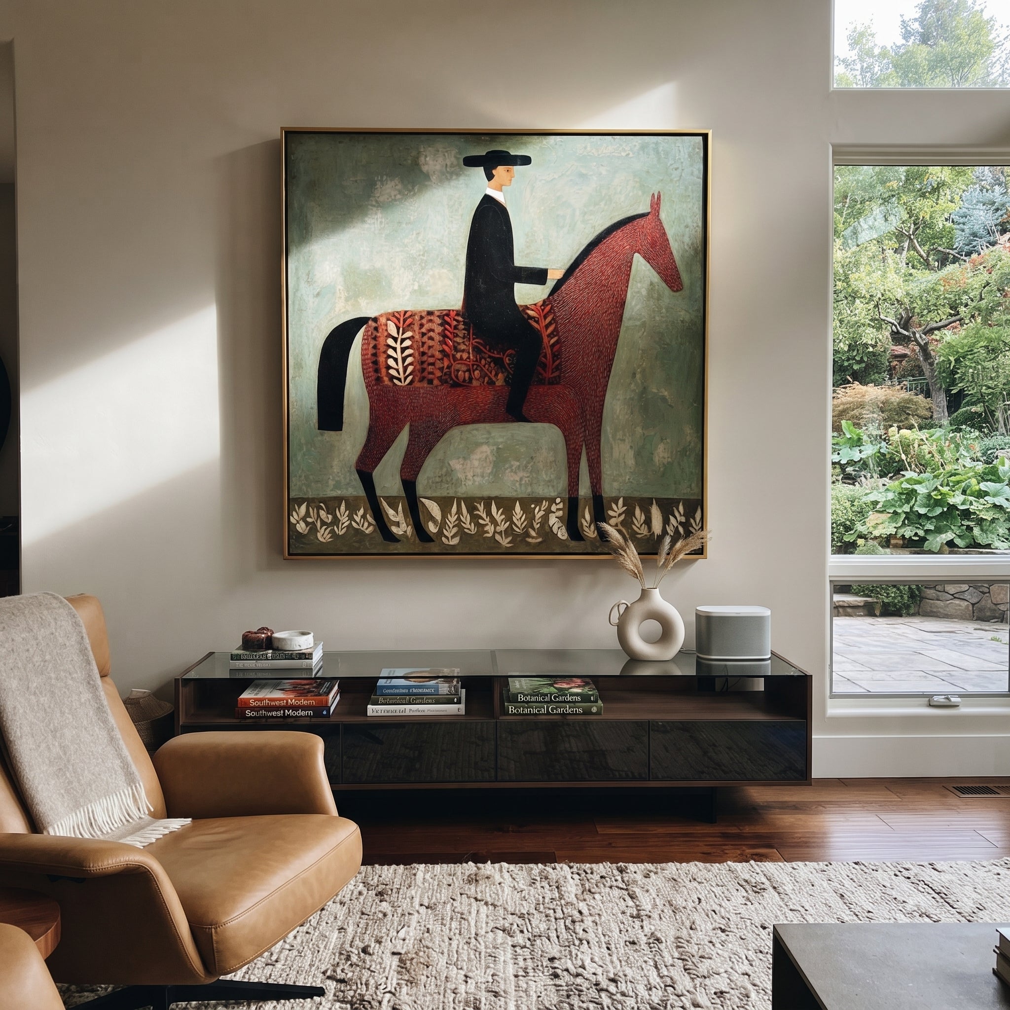 Patterned Saddle Meets Sage styled with warm modern furnishings