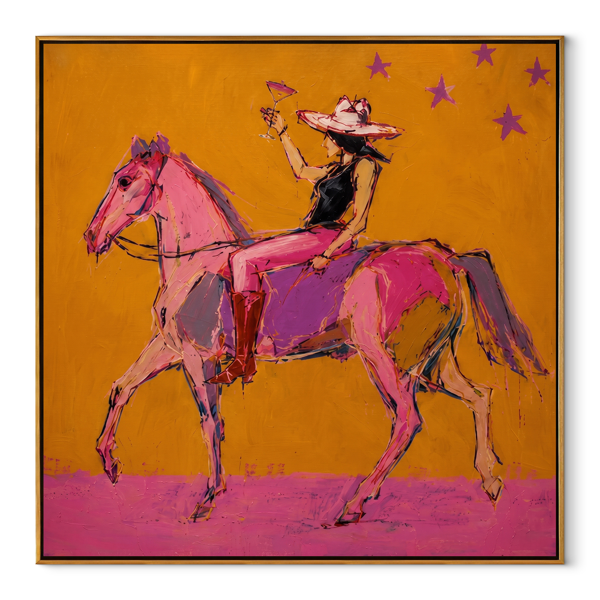 Pink Horses Race Sunlight equestrian horse painting, square canvas artwork