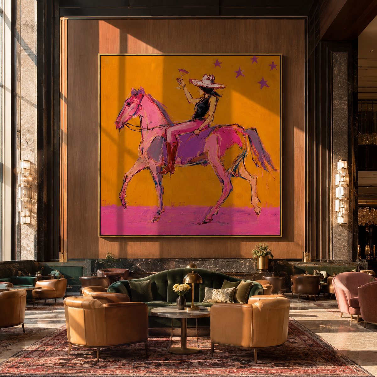 Pink Horses Race Sunlight styled with warm modern furnishings