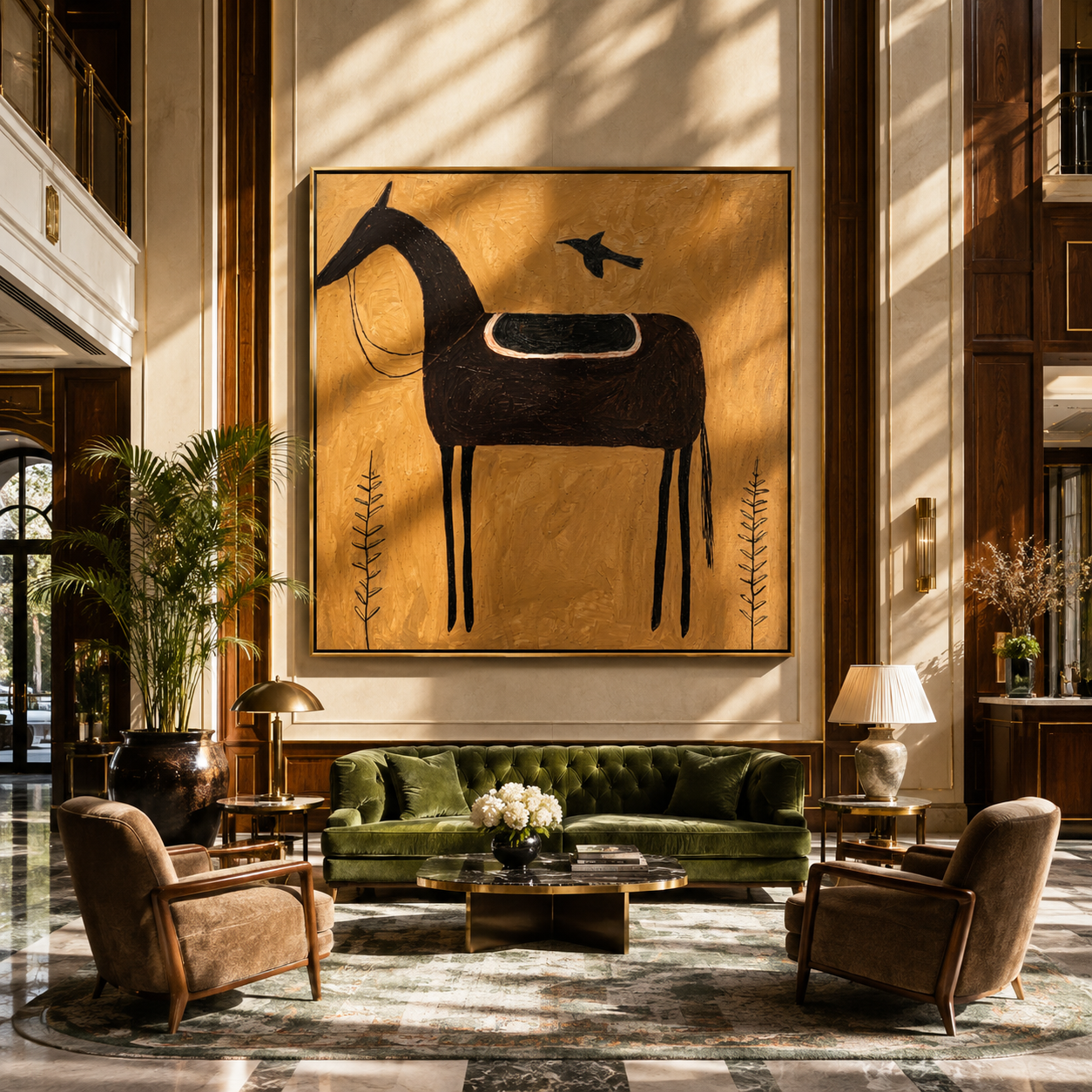 Black Saddle Holds Flight displayed in a collected contemporary interior