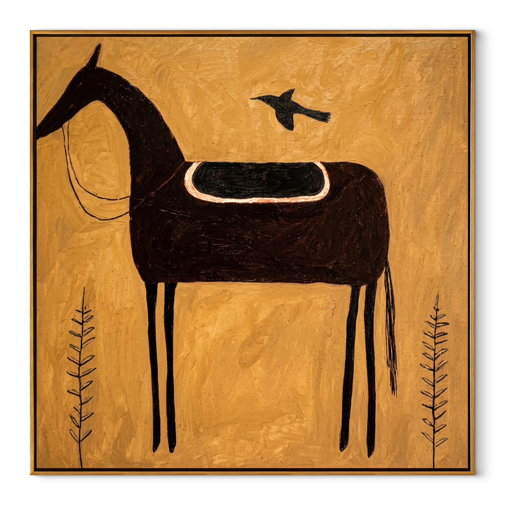 Black Saddle Holds Flight equestrian horse painting, square canvas artwork