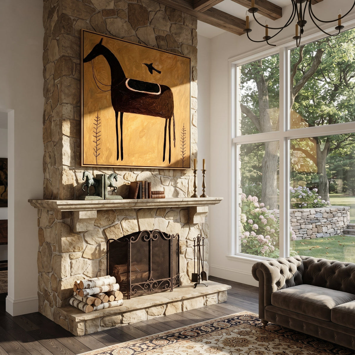 Black Saddle Holds Flight styled with warm modern furnishings