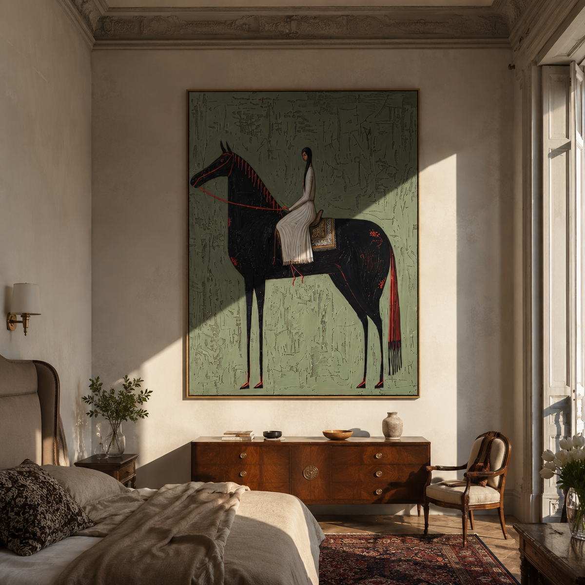 White Dress Crosses Sage displayed in a collected contemporary interior