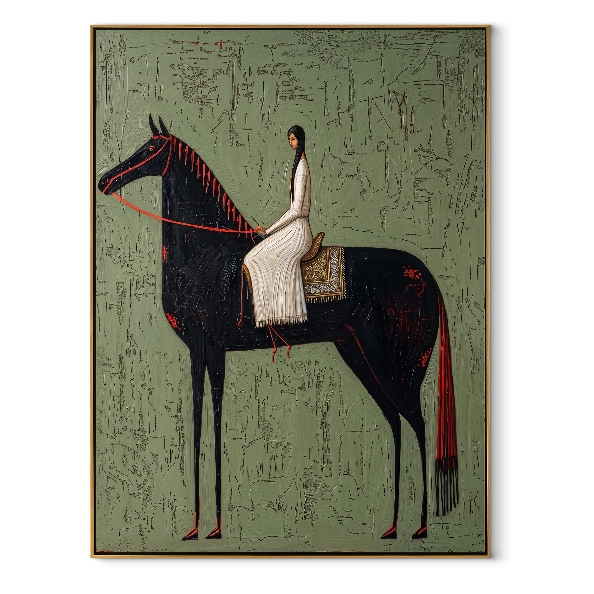 White Dress Crosses Sage equestrian horse painting, vertical canvas artwork