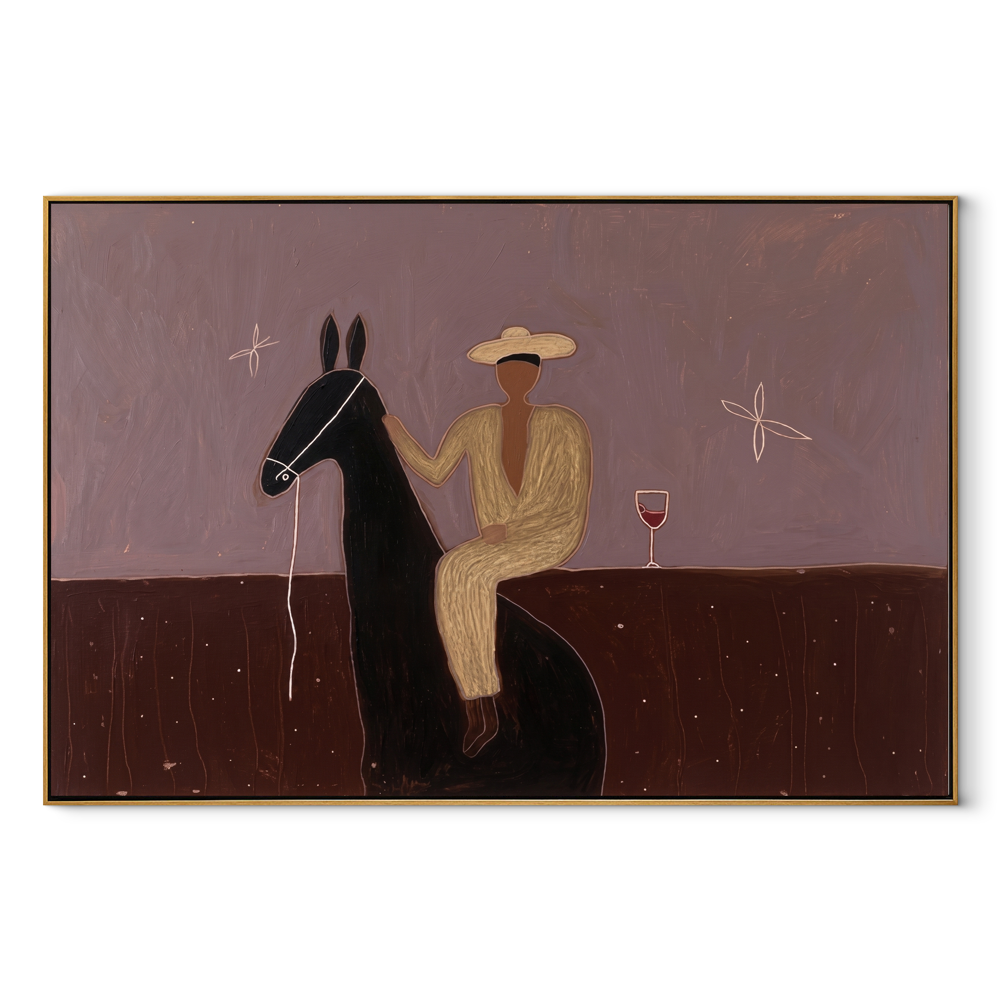Lavender Evening Holds Toast equestrian horse painting, horizontal canvas artwork