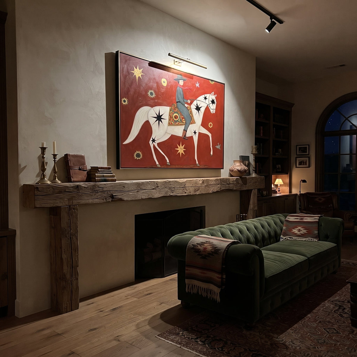 Star Horse Crosses Crimson styled with wood, linen, and modern decor