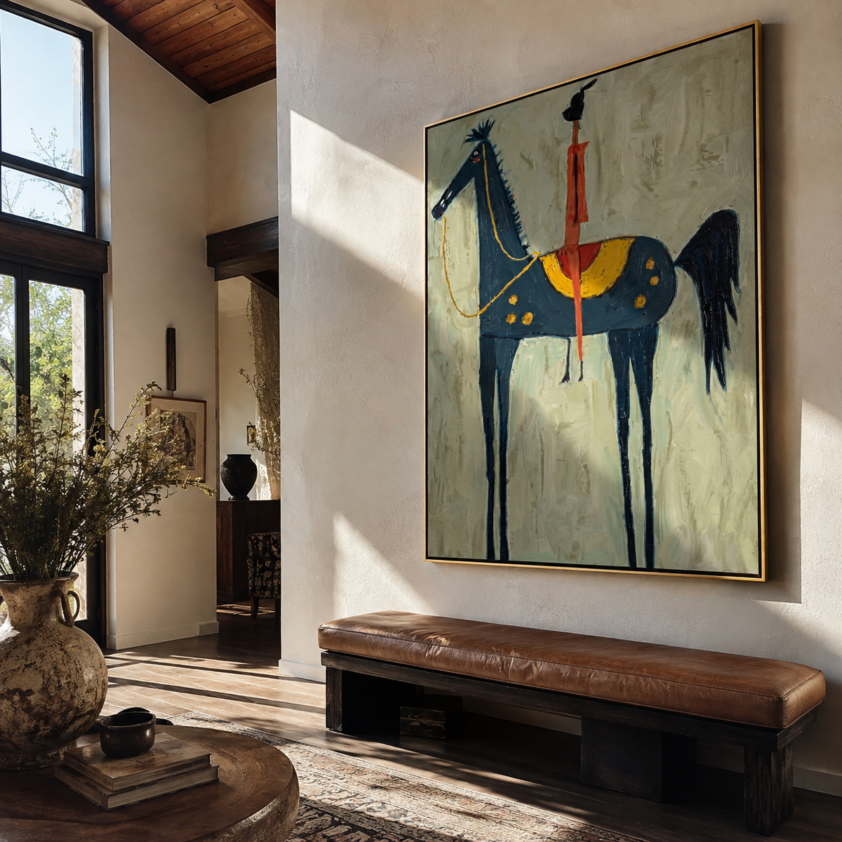 Red Acrobat Touches Sky displayed in a layered residential setting