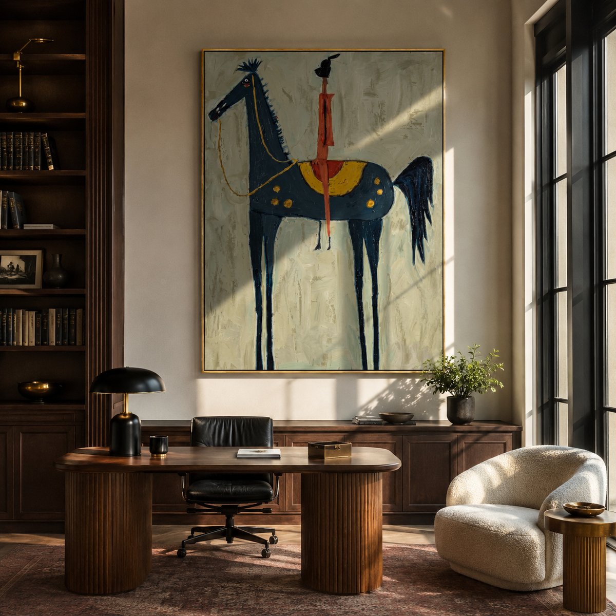 Red Acrobat Touches Sky styled with wood, linen, and modern decor