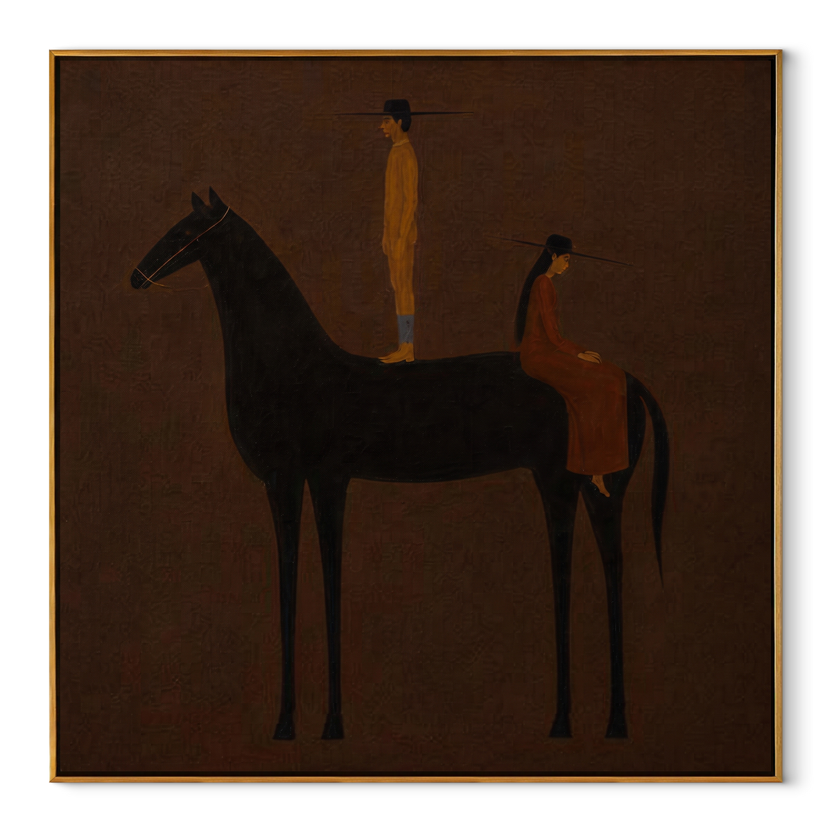 Black Horse Holds Distance equestrian horse painting, square canvas artwork