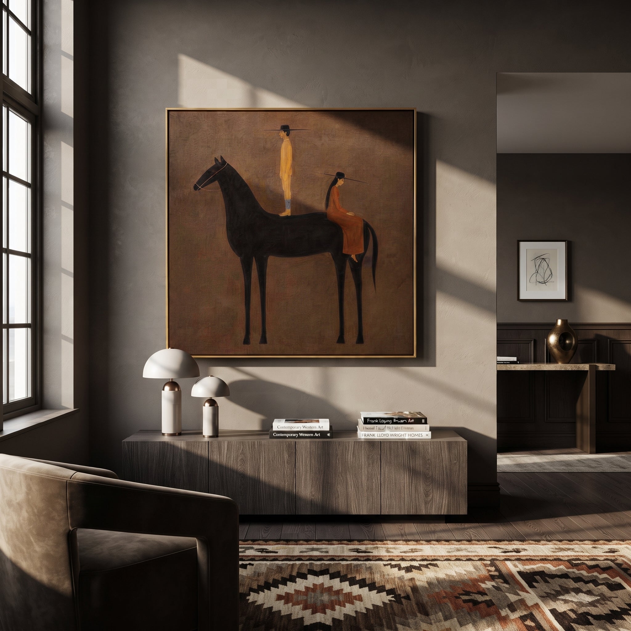 Black Horse Holds Distance presented as a colorful interior focal point