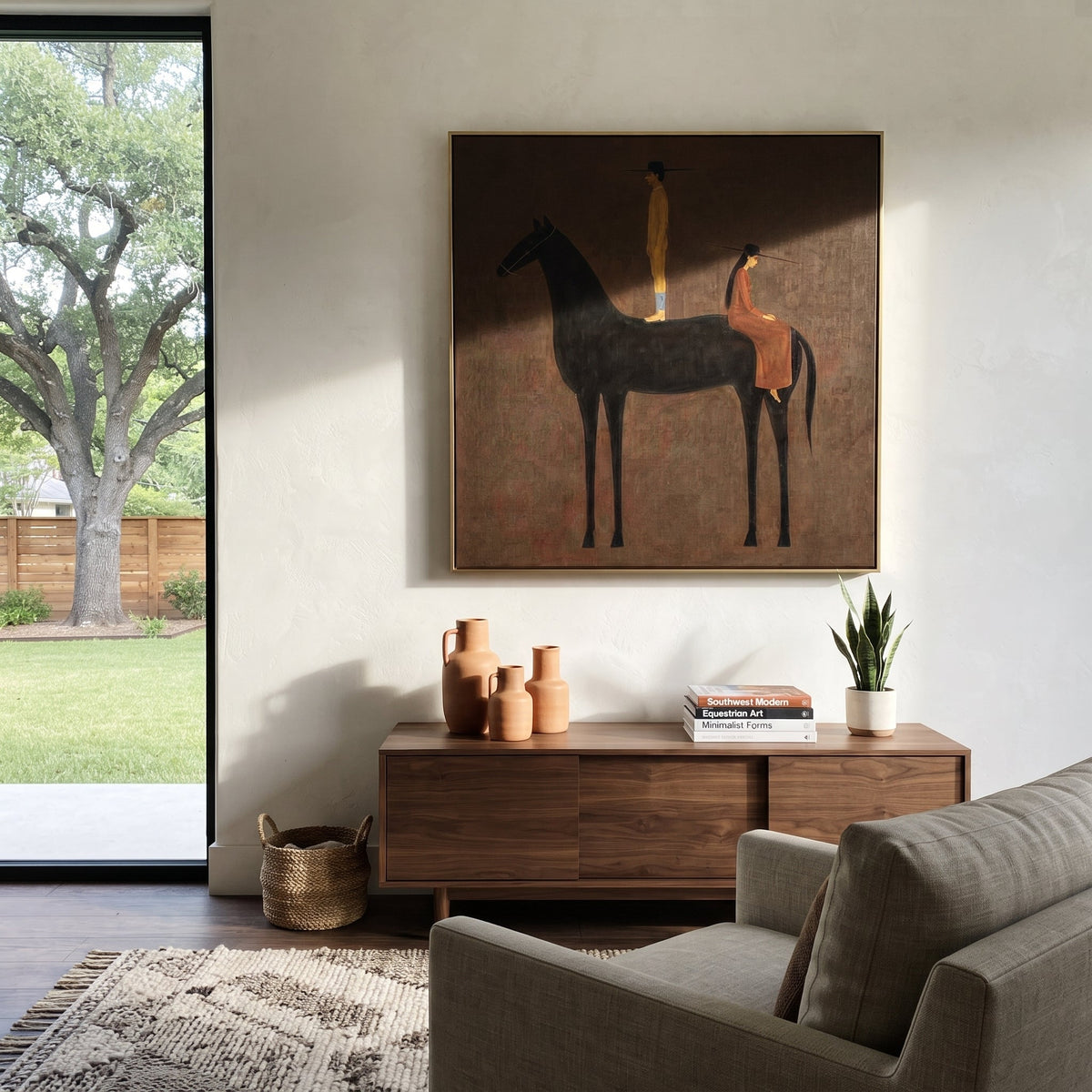 Black Horse Holds Distance styled with wood, linen, and modern decor