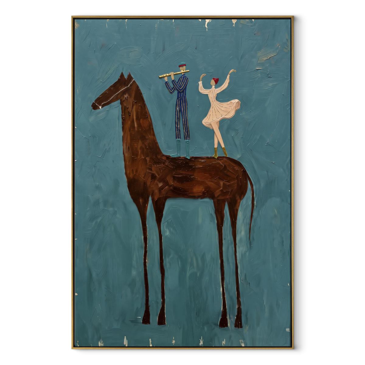 Small Dancers Ride Brown - brown horse performers painting by Laura Chen, modern Western vertical wall art - wood frame on white background