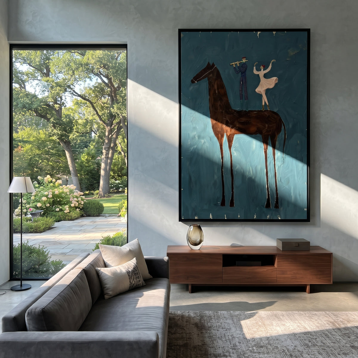 Small Dancers Ride Brown - brown horse performers painting by Laura Chen, modern Western vertical wall art - displayed along a hotel corridor